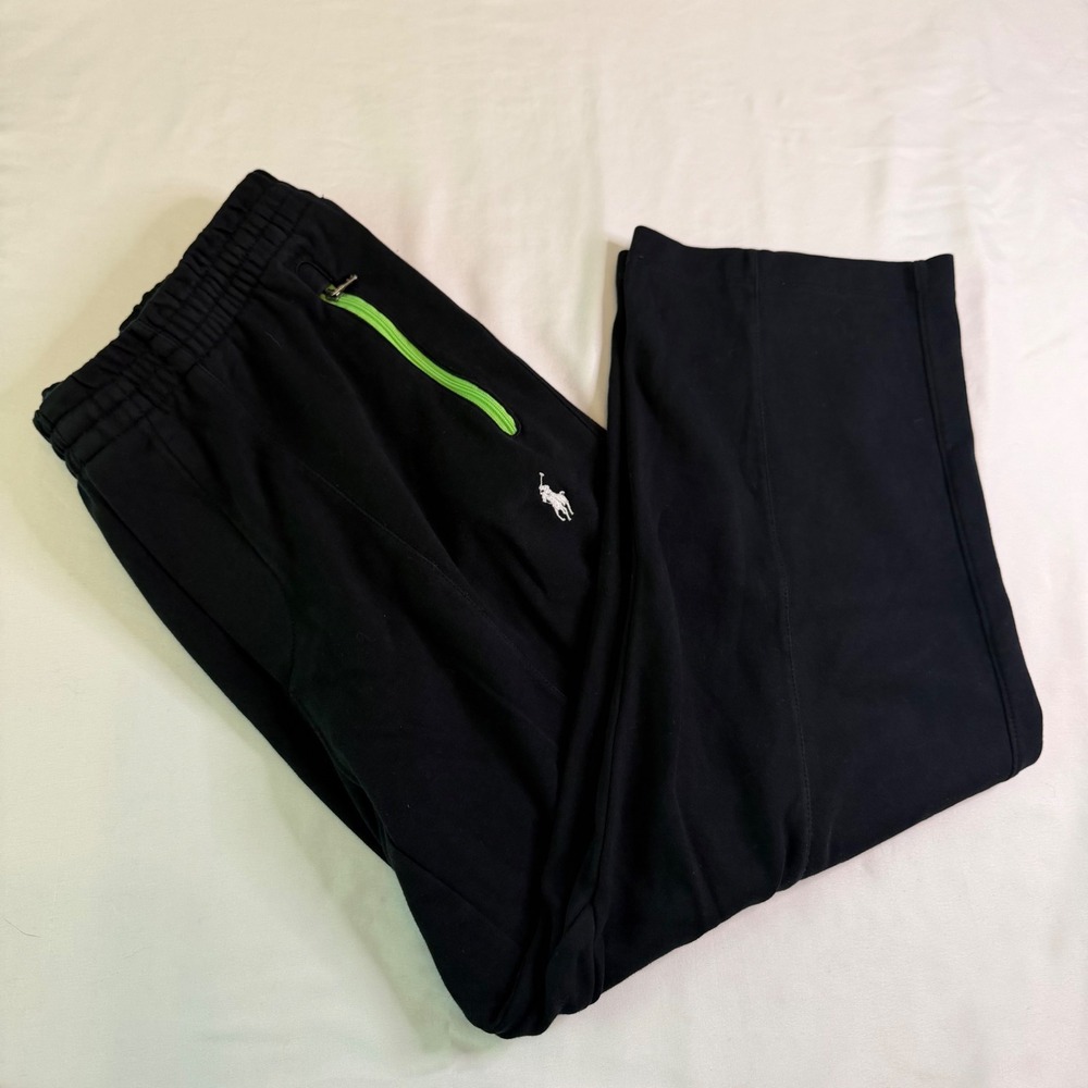 Polo Ralph Lauren Performance Mens Medium Black Sweatpants Green Zip Joggers